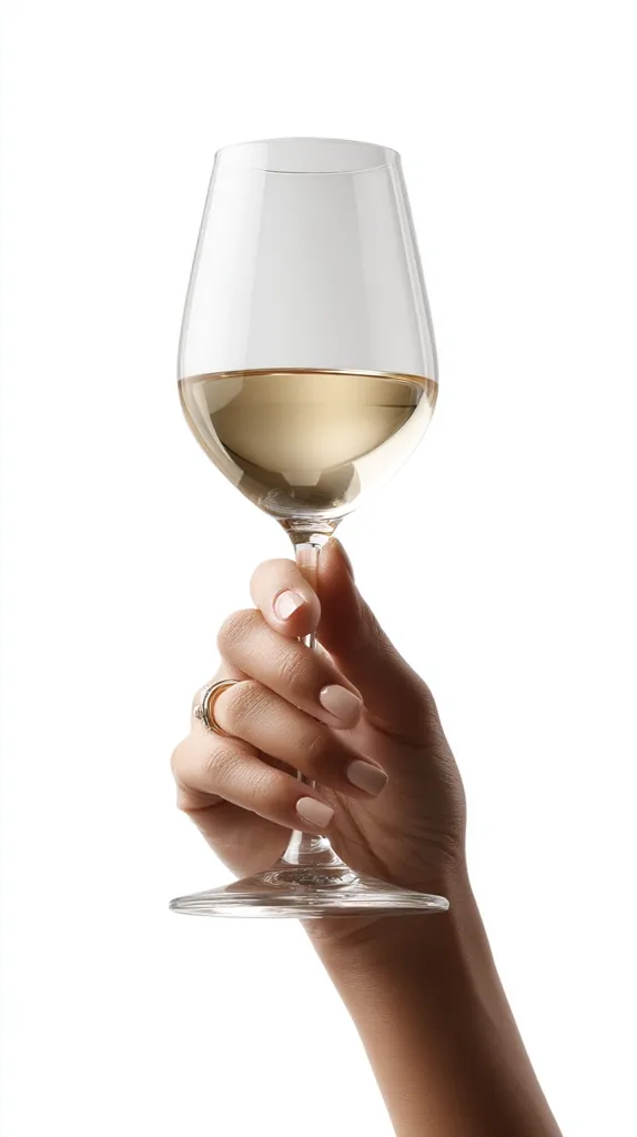A woman's hand, adorned with a simple ring, delicately holds a stemmed glass of white wine.  The glass is partially filled, showcasing the pale golden hue of the wine. The background is pure white, emphasizing the elegant simplicity of the image. The hand and arm are smooth, with neatly manicured nails.