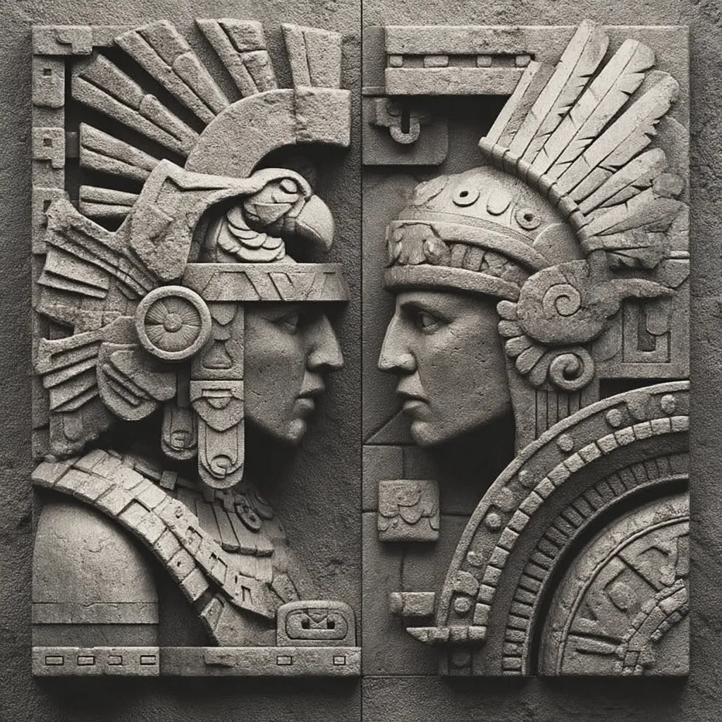 A meticulously detailed stone relief depicts two individuals in ornate headdresses, possibly Aztec or Mayan in style.  Facing each other, their expressions are stoic and regal.  Intricate carvings adorn their elaborate headwear and armor, showing a high level of craftsmanship. The monochromatic grayscale enhances the texture and depth of the stonework.  The piece suggests a powerful symbolism of leadership or cultural heritage.