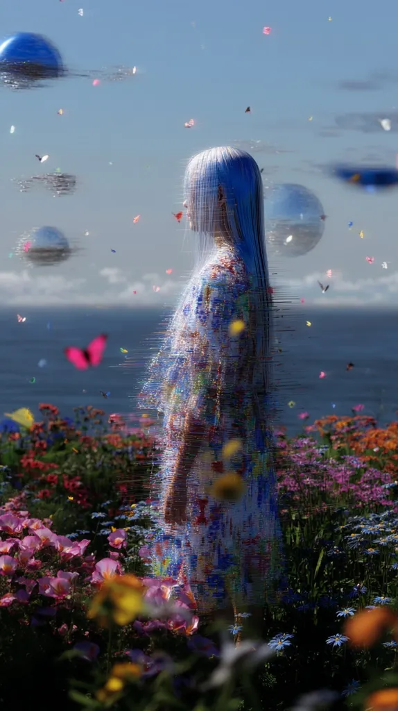 A digital painting depicts a woman with long, light blue hair, wearing a colorful, patterned dress. She stands in a vibrant field of flowers overlooking a calm ocean.  Surrounding her are floating, iridescent orbs and butterflies, creating a surreal and dreamlike atmosphere. The image is slightly glitched or distorted, adding to its ethereal quality.