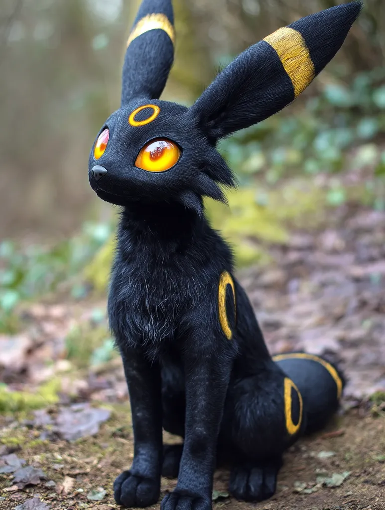 A meticulously crafted Umbreon plush sits in a forest setting.  Its sleek black fur, accented with golden rings, is realistically rendered.  Bright orange eyes add to its captivating gaze. The plush is remarkably lifelike, capturing the essence of the Pokémon character in detail.  The natural background enhances the overall aesthetic appeal.