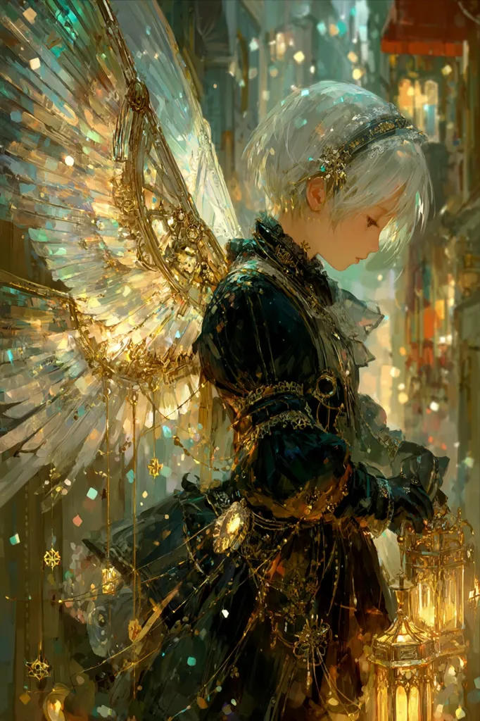 A young girl with short, white hair and large, ornate golden wings stands in a dimly lit, bustling city street.  She wears an elegant dark dress adorned with gold accents and carries a glowing lantern.  The scene is rich with detail, featuring sparkling particles and a painterly style that evokes a magical atmosphere. Her expression is serene, yet a sense of mystery surrounds her.