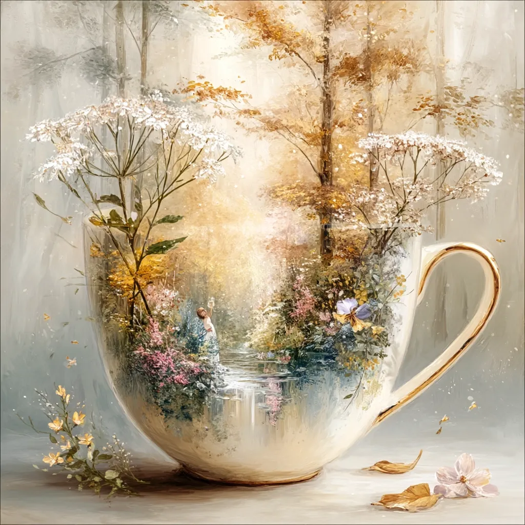 A large teacup holds a miniature enchanted forest.  Delicate wildflowers, slender trees with autumnal hues, and a small figure in a flowing gown are painted within the cup, creating an illusion of a hidden world.  The soft, muted color palette and painterly style evoke a sense of serenity and whimsy.  Fallen leaves rest on the surface beside the cup, enhancing the magical atmosphere.
