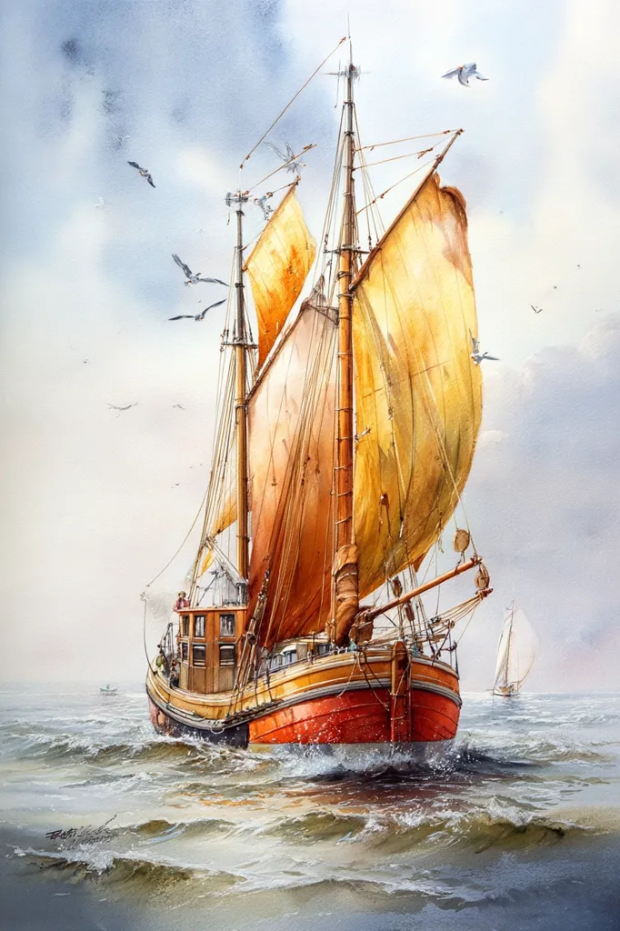 A watercolor painting depicts a sailing vessel, its sails a rich blend of orange and brown, cutting through a gentle sea.  The ship, with a red hull and wooden superstructure, appears traditional.  Several seagulls fly around the mast, adding to the nautical scene.  A smaller sailboat is visible in the distance, under a slightly cloudy sky. The overall impression is one of serenity and nautical charm.