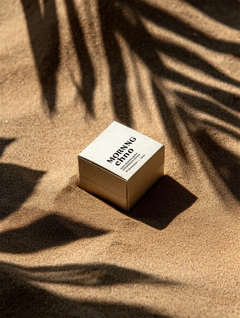 A small, square box sits on light brown sand.  The box is light beige and features the words "MORNING ECHO" printed on its side.  The sand is textured, and the shadows of palm fronds create a dappled pattern across the surface. The overall aesthetic is minimalist and evokes a sense of calm and relaxation.
