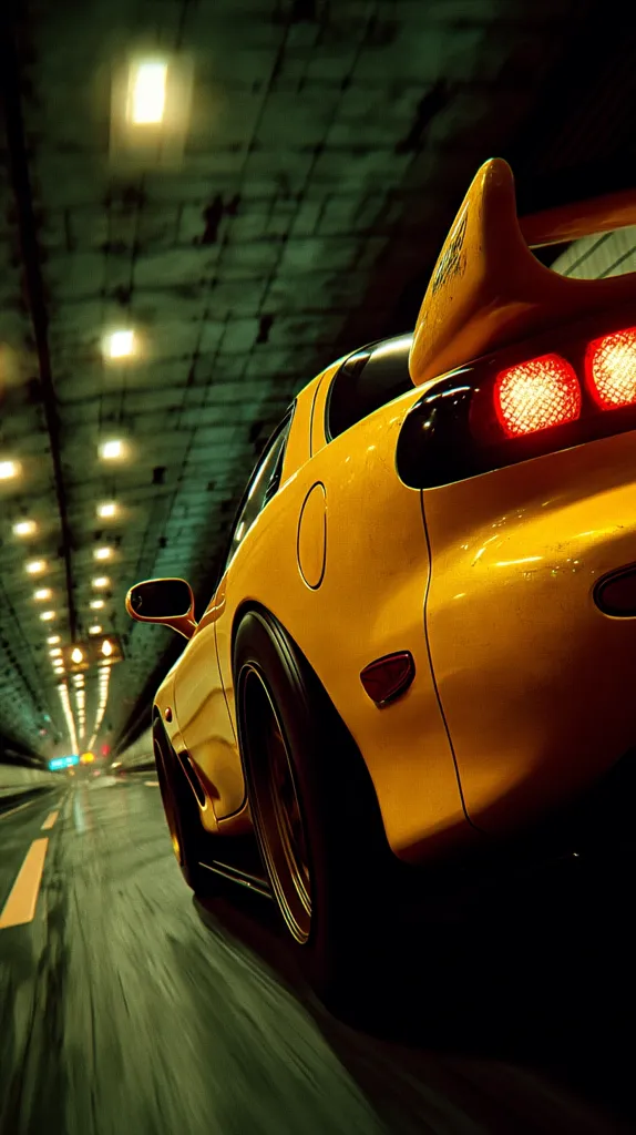 A vibrant yellow Mazda RX-7 speeds through a dimly lit tunnel.  The car's rear is prominently featured, showcasing its spoiler and taillights.  The motion blur emphasizes the vehicle's swift movement, creating a dynamic and energetic image.  The tunnel's architecture and lighting add depth to the scene, enhancing the overall atmosphere.