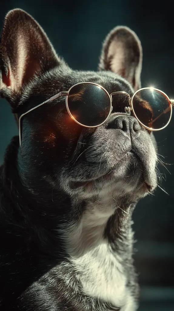 A black French Bulldog, sporting round, dark sunglasses, gazes thoughtfully into the distance.  The dog's expressive face and stylish eyewear create a captivating image.  The dark background accentuates the dog's features, highlighting its sleek coat and prominent ears.  The overall mood is one of cool sophistication and canine charm.