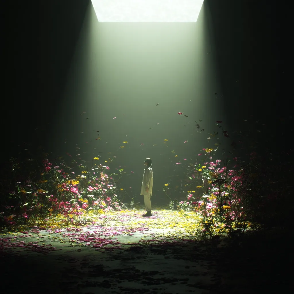 A solitary figure stands in a dimly lit space, bathed in a single beam of light.  Surrounding them is a vibrant field of flowers, their petals scattered on the ground.  Small, ethereal particles drift through the air, creating a dreamlike atmosphere. The scene is both serene and mysterious, evoking a sense of isolation and contemplation.