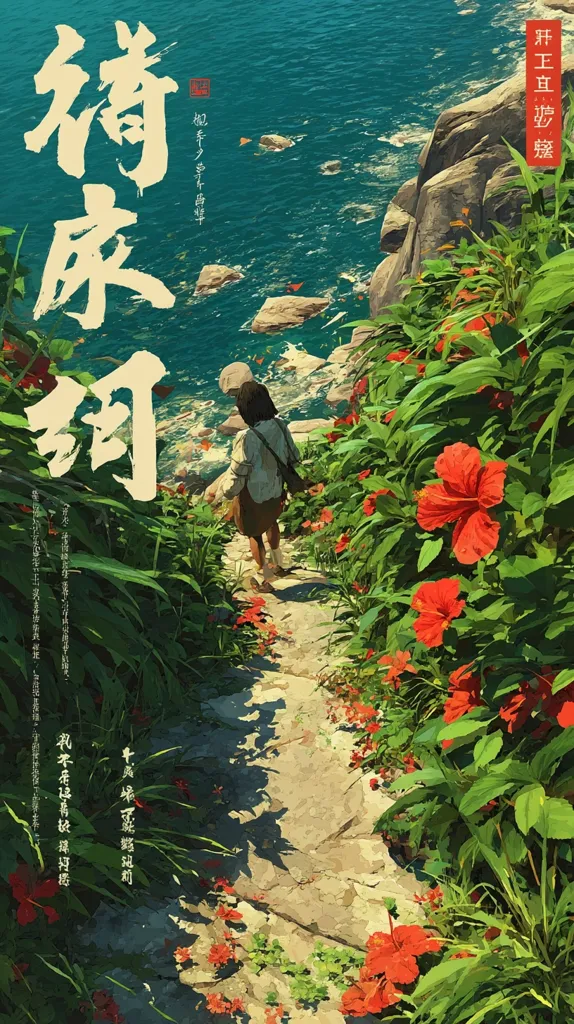 A lone figure walks a stone path lined with vibrant red hibiscus flowers, leading down to a tranquil ocean.  The path winds through lush green foliage, creating a serene coastal scene.  Large rocks jut from the turquoise water in the background.  The style is painterly, with a soft, slightly impressionistic quality.  Chinese characters are prominently displayed, suggesting a title or poem.