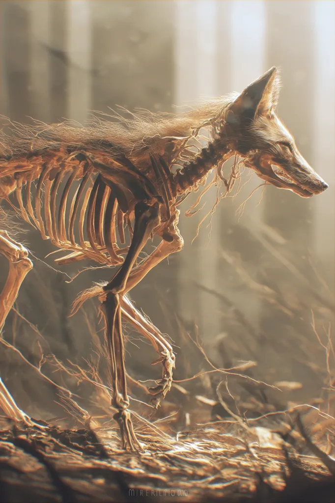 A digital rendering depicts a fox skeleton partially covered in remnants of fur, standing in a sunlit forest.  The skeletal structure is detailed, with visible bones and joints.  The remaining fur is light brown and wispy, adding a ghostly effect. The overall tone is warm and slightly melancholic, suggesting a sense of decay and the passage of time. The background is blurred, focusing attention on the skeletal fox.