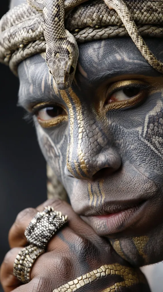 Close-up of a person's face adorned with intricate black and gold body paint resembling scales.  A snake rests on their forehead, complementing the reptilian theme.  Gold-toned accents on the skin mimic the snake's pattern.  The individual wears rings with textured surfaces, echoing the design of the paint and snake. The overall effect is dramatic and visually striking.