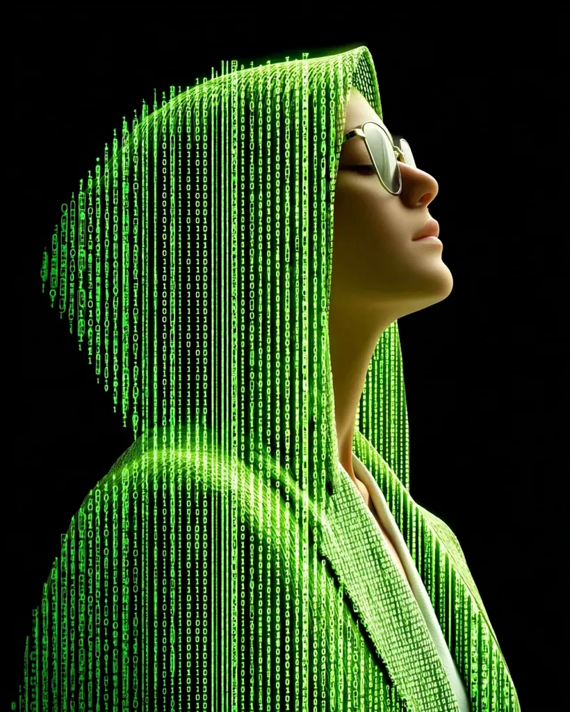 A stylized portrait of a woman in a green hooded jacket, her face partially obscured by the hood and sunglasses.  The jacket is overlaid with cascading lines of green binary code, creating a digital, almost ethereal effect against a stark black background.  The image suggests themes of technology, hacking, or the digital world.