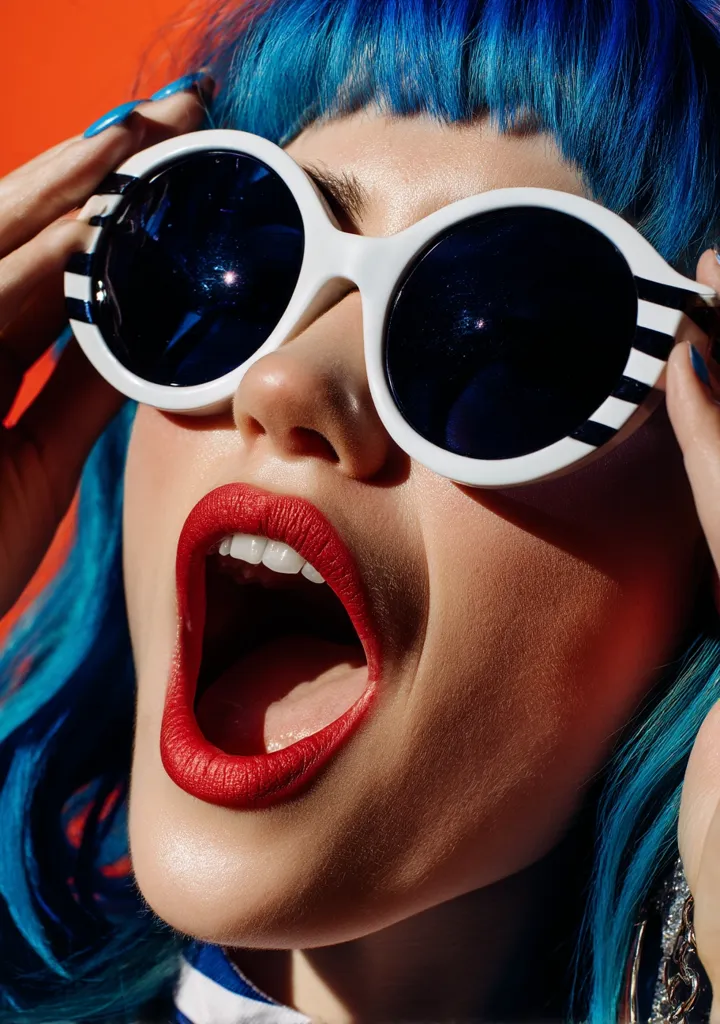 Close-up of a woman with vibrant blue hair, wearing large, white, retro sunglasses with black stripes. Her mouth is wide open, revealing bright red lipstick and teeth.  She's holding her sunglasses, her expression is one of excited surprise or a shout. The background is a solid orange. The image is bold and colorful.