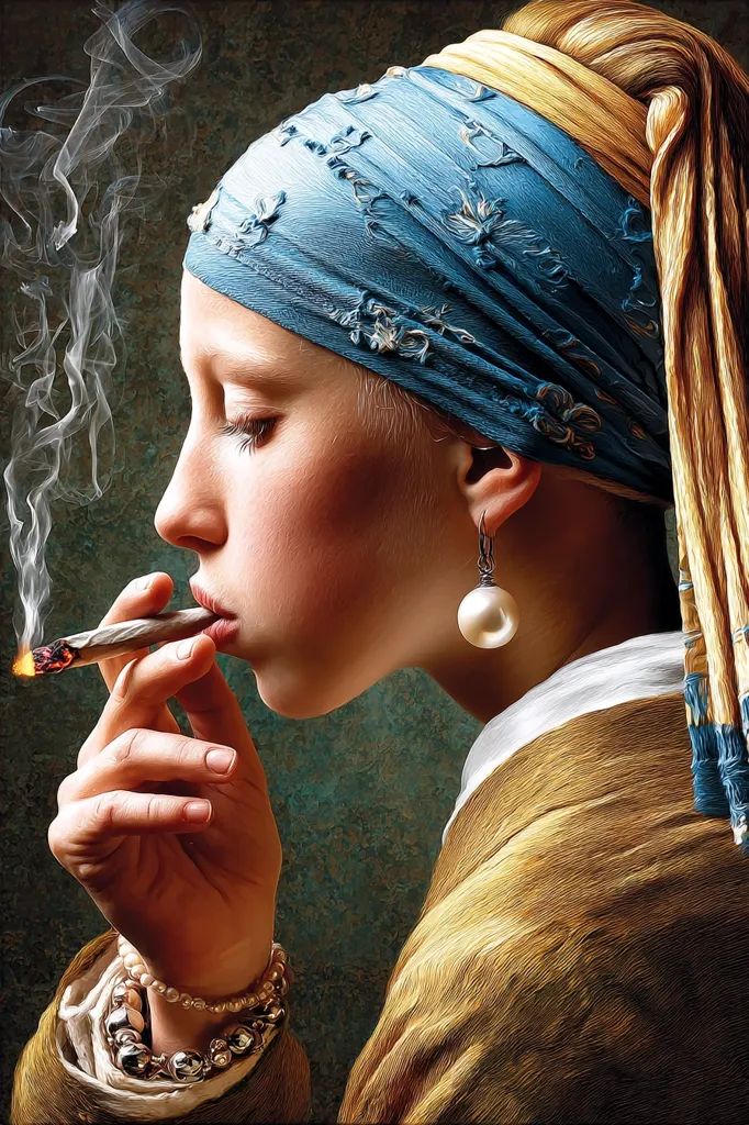 A young woman, styled in a manner reminiscent of Johannes Vermeer's "Girl with a Pearl Earring," is depicted in profile.  She wears a blue headscarf and pearl earrings, but instead of a pearl, she holds a lit joint, smoke curling upward.  The painting style mimics the textures and brushstrokes of classic oil paintings, creating a striking contrast between the traditional aesthetic and the modern subject matter.