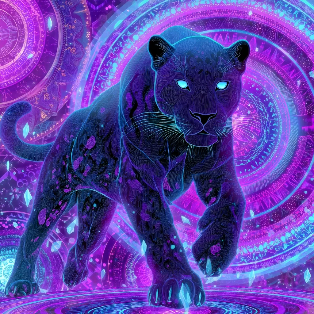A vibrant digital artwork depicts a black panther, rendered in shades of purple and blue.  Intricate linework details the panther's form, which is surrounded by swirling, concentric circles and glowing crystals. The overall effect is mystical and otherworldly, suggesting a powerful, spiritual being. The color palette is rich and saturated, creating a visually striking image.