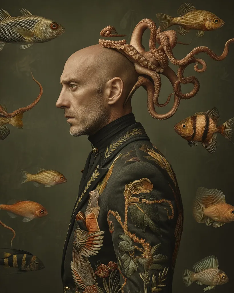 A bald man, dressed in an intricately embroidered jacket, is depicted in profile.  An octopus is positioned atop his head, its tentacles splayed out.  Various fish, in muted earth tones, swim around him, creating a surreal underwater scene. The overall tone is dark and moody, suggesting a fantastical or allegorical image.
