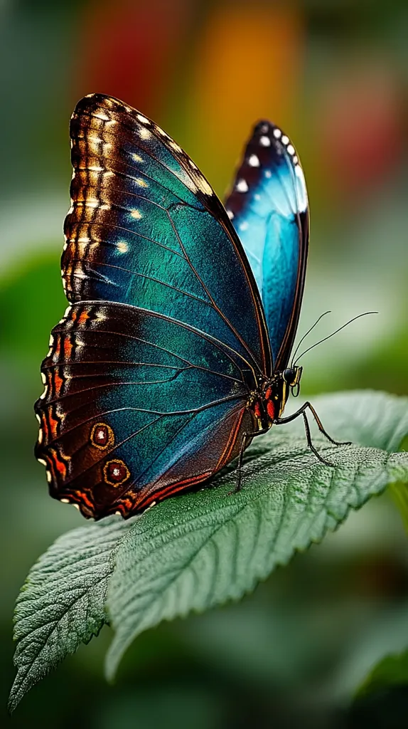 A vibrant blue morpho butterfly, with iridescent teal and bronze wings, delicately rests on a lush green leaf.  The intricate wing patterns and rich colors contrast beautifully against the natural backdrop.  The butterfly's legs grip the leaf, its antennae extended. The image is sharply focused, highlighting the details of the butterfly's wings and the leaf's texture.