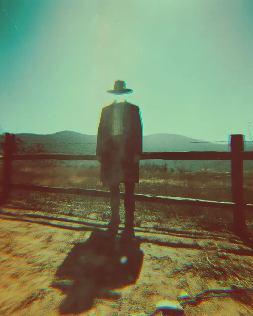 A faceless figure in a dark suit and hat stands before a rustic wooden fence. The background is a hazy, sun-drenched landscape of rolling hills.  The image has a vintage, slightly surreal quality, with a glitch effect adding to the mysterious atmosphere. The figure's shadow is long and distorted, mirroring the overall enigmatic feel.