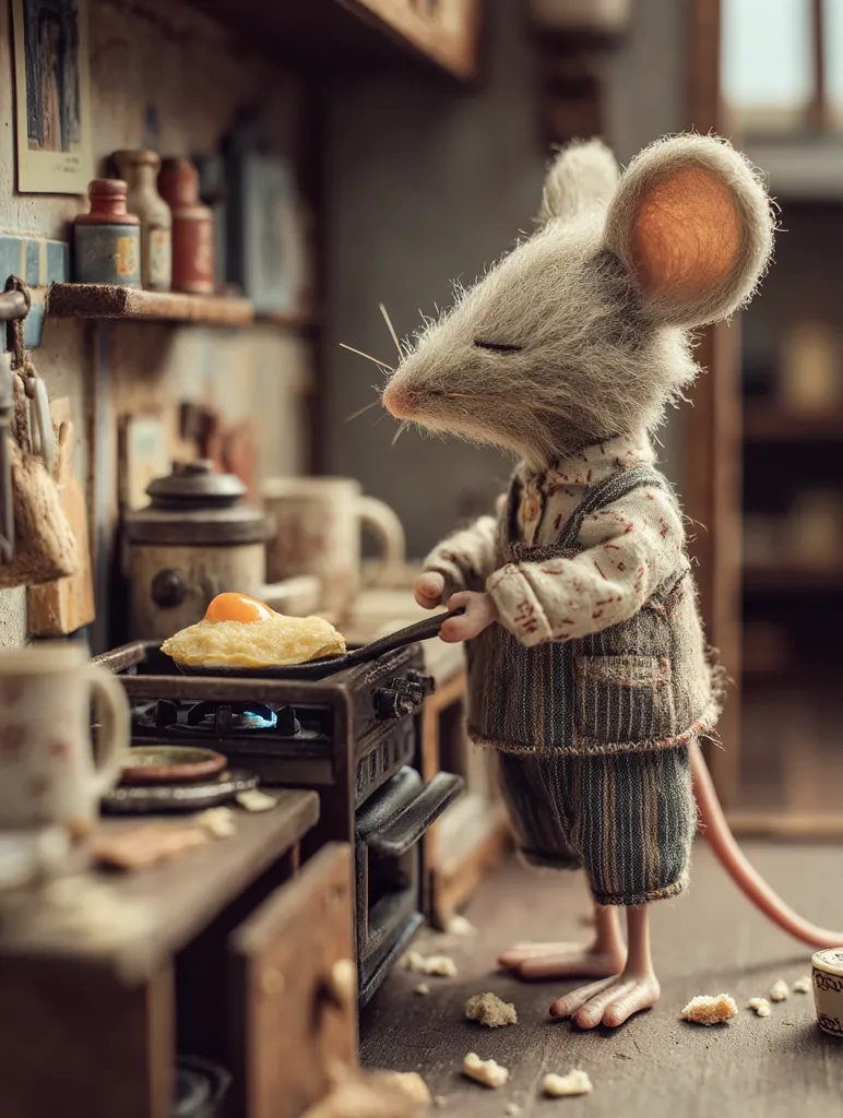 A charming anthropomorphic mouse, dressed in miniature clothing, carefully cooks a fried egg on a tiny stove in a meticulously crafted dollhouse kitchen.  The scene is detailed, showcasing the mouse's chef-like demeanor and the rustic charm of its surroundings.  Crumbs are scattered on the floor, adding to the homely atmosphere.