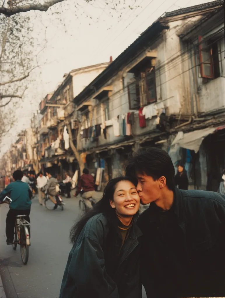 A young couple shares a tender kiss on a city street in China.  The man gently kisses the woman's cheek. They stand amidst a backdrop of aged, multi-story buildings with clothes hanging out to dry.  The scene is bustling with everyday activity, bicycles and pedestrians visible in the background.  The overall atmosphere is warm and intimate, capturing a moment of affection against a vibrant urban landscape.