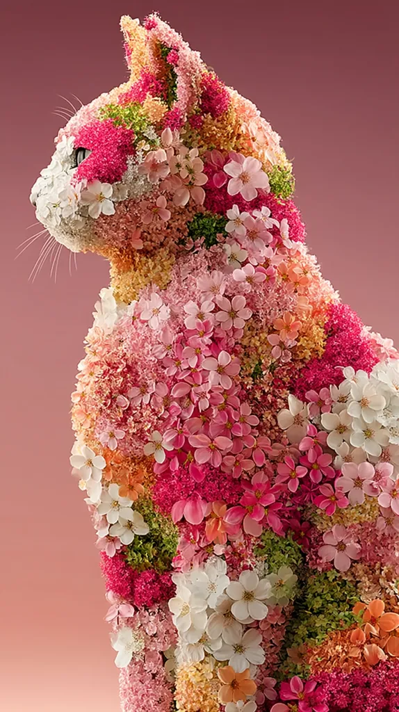 A captivating image showcases a cat sculpted entirely from an array of vibrant flowers.  The blossoms, in shades of pink, orange, and white, create a textured, three-dimensional feline form. The cat is depicted in profile, its gaze directed to the left, against a soft, muted pink background.  The floral arrangement is detailed and lifelike, showcasing the artistry involved in creating this unique piece.