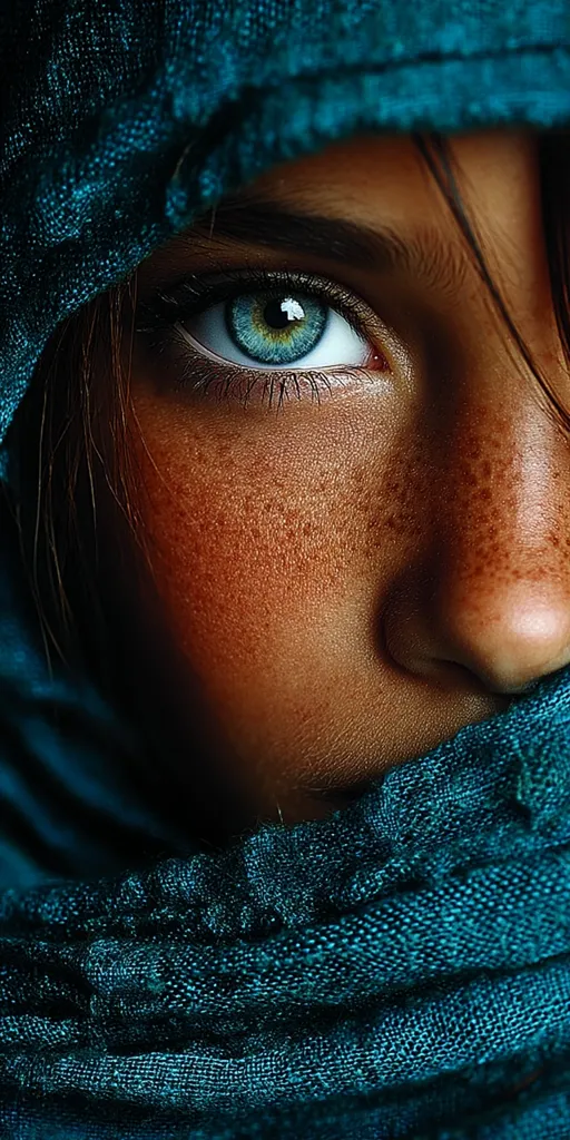 A close-up reveals a woman's captivating blue eye, partially hidden by a teal fabric draped over her face.  Her skin is sun-kissed, speckled with freckles, adding to her natural beauty. The texture of the fabric and the detail of her eye create a striking contrast, emphasizing her gaze.  The overall mood is mysterious and alluring.