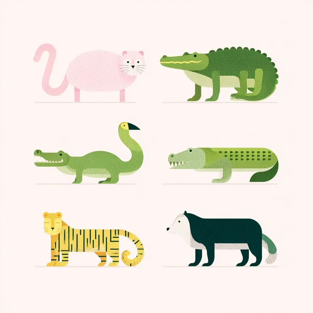 Six stylized animals are arranged in a grid.  A pink cat with a long tail, a green crocodile, a green crocodile with a long neck, a green crocodile with textured scales, a yellow tiger with black stripes, and a black and white animal resembling a raccoon or badger.  The illustrations are simplistic, yet charming, employing flat colors and geometric shapes.