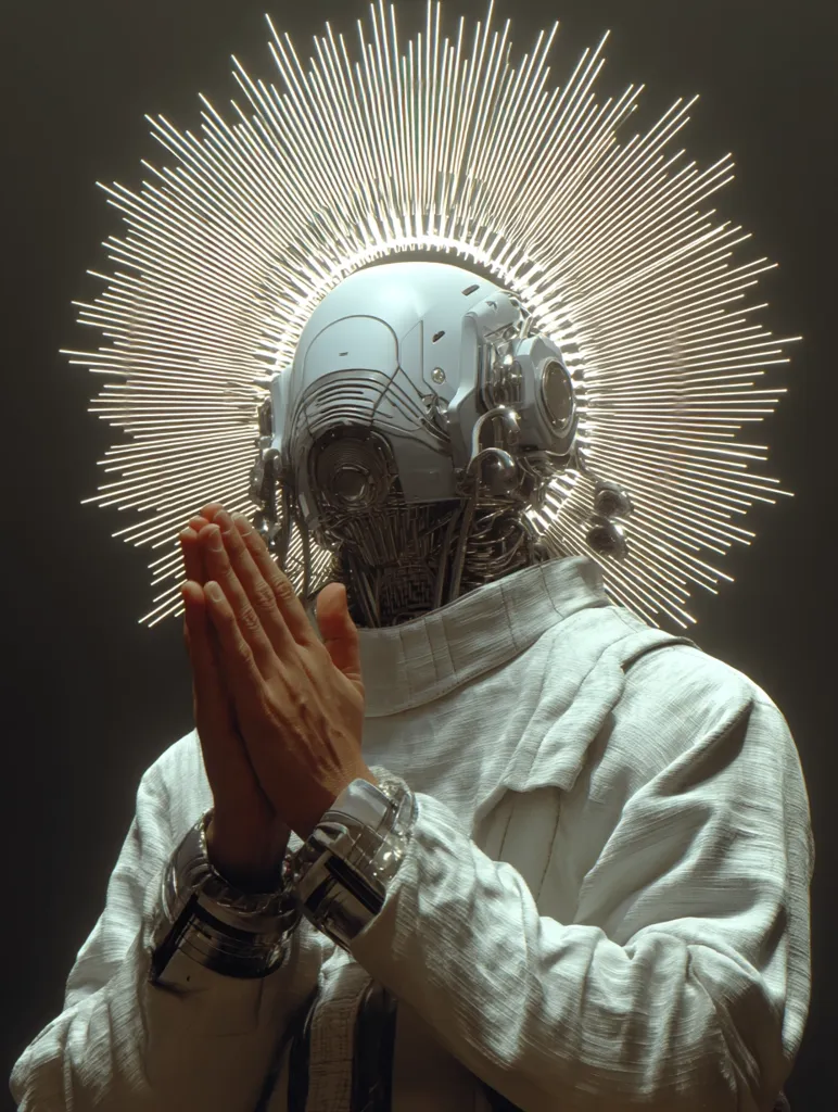 A futuristic robot, adorned in a white robe and a radiant halo, is depicted with hands clasped in prayer.  Its metallic head, intricate and detailed, suggests a blend of technology and spirituality. The image evokes a sense of reverence and contemplation, posing questions about the future of faith and artificial intelligence. The lighting accentuates the robotic figure's serene pose and the ethereal glow of the halo.