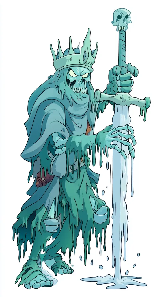 A decaying, teal-colored skeletal king, wearing a crown and robe, clutches a sword dripping with liquid.  His body is melting, leaving trails of viscous substance. The sword's hilt is a skull, adding to the macabre image.  The style is cartoonish, yet the creature evokes a sense of decay and malevolence.