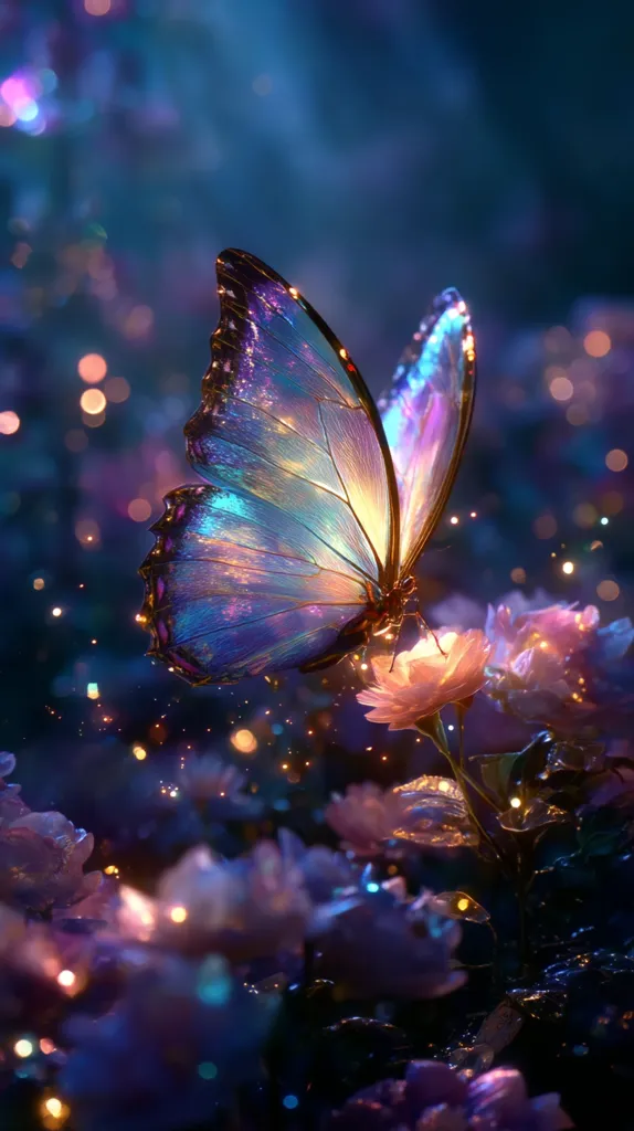 A breathtaking iridescent butterfly with vibrant purple, blue, and gold hues rests on a luminous flower.  Surrounding it, a mystical garden glows with soft, sparkling lights, creating an enchanting and dreamlike atmosphere. The image evokes a sense of magic and wonder, blurring the lines between reality and fantasy.  The butterfly's wings seem almost ethereal, catching the light in a captivating display.