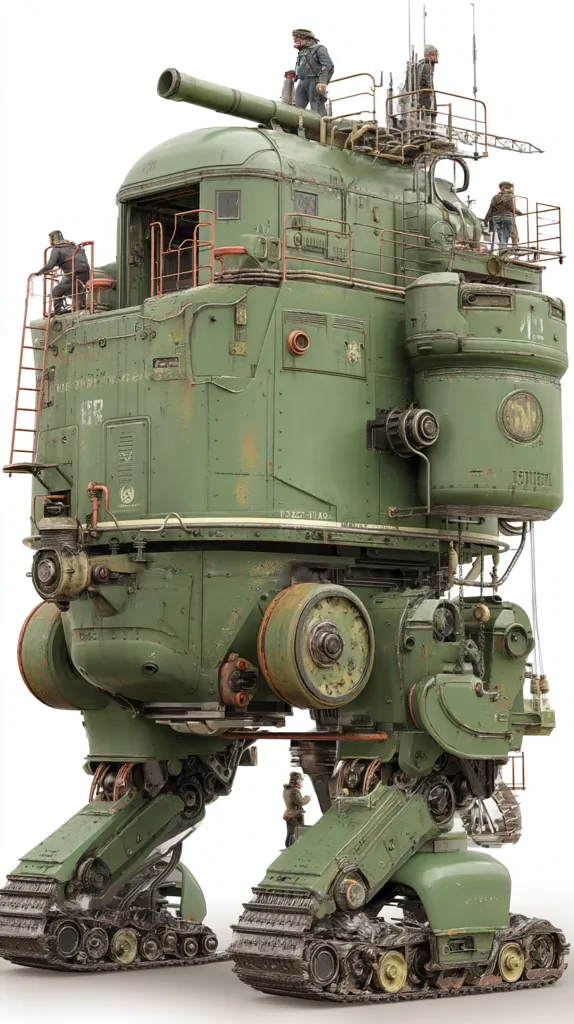 A colossal steampunk-inspired war machine, resembling a bipedal locomotive, dominates the image.  Its weathered green metal body is intricately detailed with exposed gears, pipes, and rivets.  Multiple figures in military attire are positioned on various platforms and ladders, giving a sense of scale.  The machine features tank-like treads and a large cannon mounted on top, suggesting powerful firepower. The overall aesthetic is a blend of industrial and military design, with a heavy emphasis on aged textures and complex mechanisms.