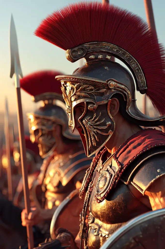 A close-up depicts a line of Roman soldiers, clad in ornate golden armor and red plumes atop their helmets.  The focus is on the soldier in the foreground, his helmet intricately detailed, catching the warm light of the setting sun.  The scene evokes a sense of ancient warfare and military discipline.  The soldiers stand ready, spears held at the ready, their expressions hidden behind their helmets.