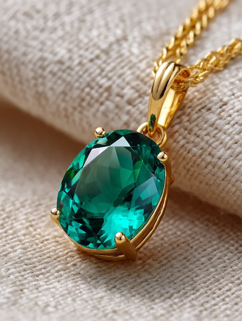 A stunning gold necklace features a large, vibrant green oval gemstone as its centerpiece. The richly colored stone is securely set in a delicate gold frame, complementing the intricate gold rope chain. The necklace rests elegantly on a textured beige fabric, highlighting its luxurious detail and exquisite craftsmanship. The overall impression is one of sophistication and timeless beauty.