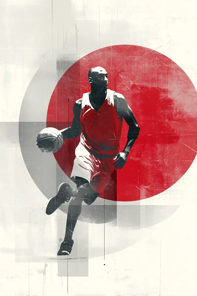 A stylized illustration of a basketball player, possibly Kobe Bryant, in mid-air dribble.  He's depicted in a red jersey against a large, textured red circle, suggesting a dynamic energy.  The grayscale background features geometric shapes, adding an abstract layer to the image. The overall style is gritty and modern, highlighting the player's athleticism and intensity.
