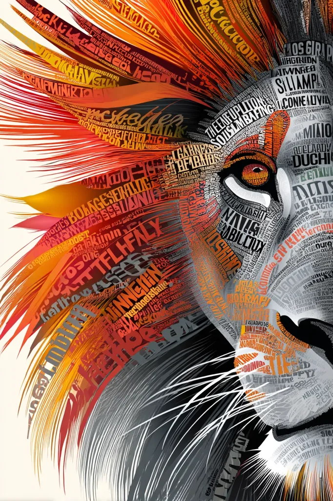 A vibrant, stylized lion's face is depicted using a unique typographic technique.  The mane and body are composed of densely packed words and phrases in varying shades of orange, red, and gray, creating a textured, almost three-dimensional effect. The lion's eye is strikingly detailed, contrasting against the abstract text forming the rest of its features. The overall image is bold and powerful, showcasing a creative blend of text and illustration.