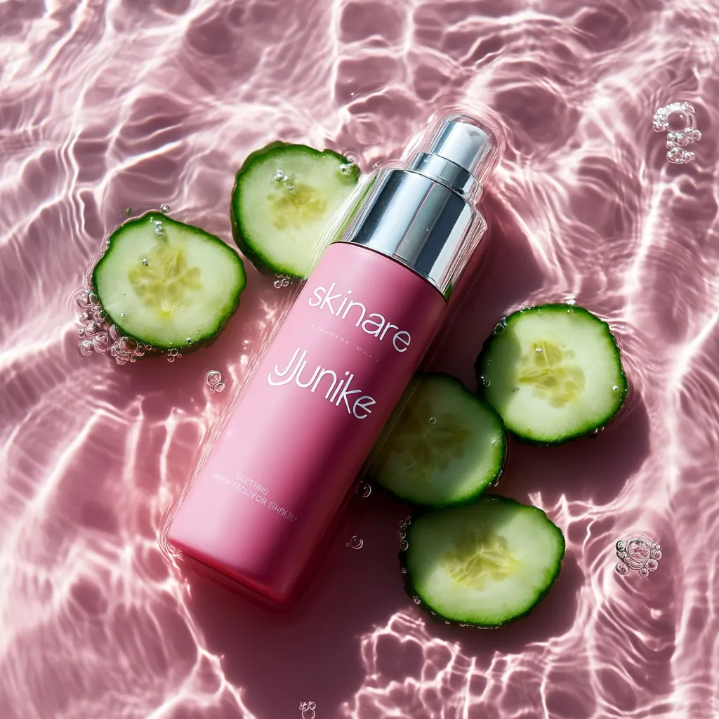 A pink bottle of Junike Skinare Shine Lotion is nestled amongst slices of cucumber floating in pink water.  The bottle features a silver spray top and the brand name is prominently displayed. The image evokes a feeling of freshness and hydration, suggesting the product's intended use. The overall aesthetic is clean, minimalist, and visually appealing.