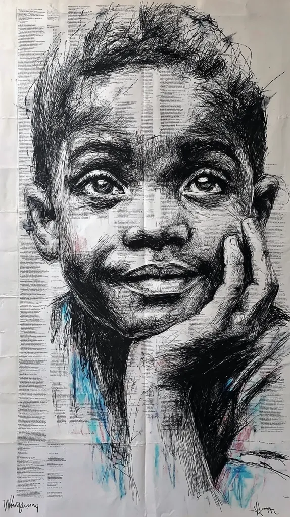 A striking monochrome portrait of a young boy, rendered in meticulous detail on a textured background resembling newsprint.  The boy's pensive expression and hand resting on his chin convey a sense of quiet contemplation.  The artist's use of line and shading creates depth and emphasizes the subject's soulful gaze.  Hints of watercolor add subtle color accents to the piece.
