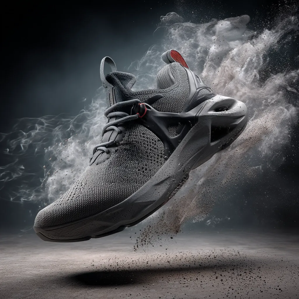 A grey knitted athletic shoe with a chunky sole is captured mid-air, leaving a trail of dust and smoke behind.  The shoe's design is modern and sleek, with subtle red accents near the laces. The dark background and dramatic lighting emphasize the shoe's dynamic movement and futuristic aesthetic.  The overall image conveys speed, power, and innovation.