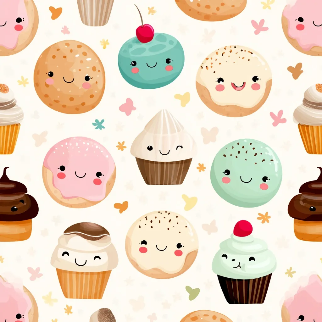 A seamless pattern featuring adorable cartoon pastries.  Various cupcakes with different frostings and toppings, alongside smiling cookies and donuts, are arranged on a light background with small flowers and butterflies.  Each treat has a cheerful face, creating a sweet and playful design. The overall style is cute and whimsical, perfect for backgrounds or children's products.