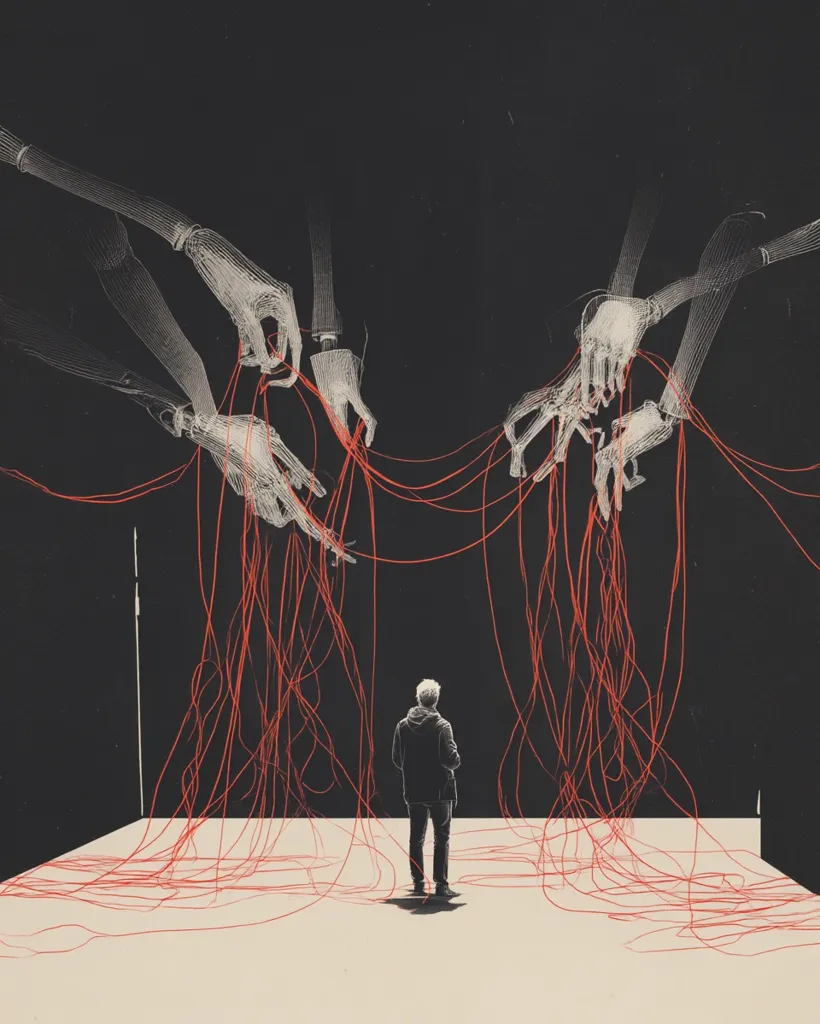 A lone figure stands in a stark white room, surrounded by a complex network of red threads manipulated by disembodied, skeletal hands extending from the darkness above. The hands appear to be intricately weaving and untangling the threads, creating a visually striking and unsettling scene that suggests themes of control, manipulation, or interconnectedness.  The overall mood is dark and mysterious.