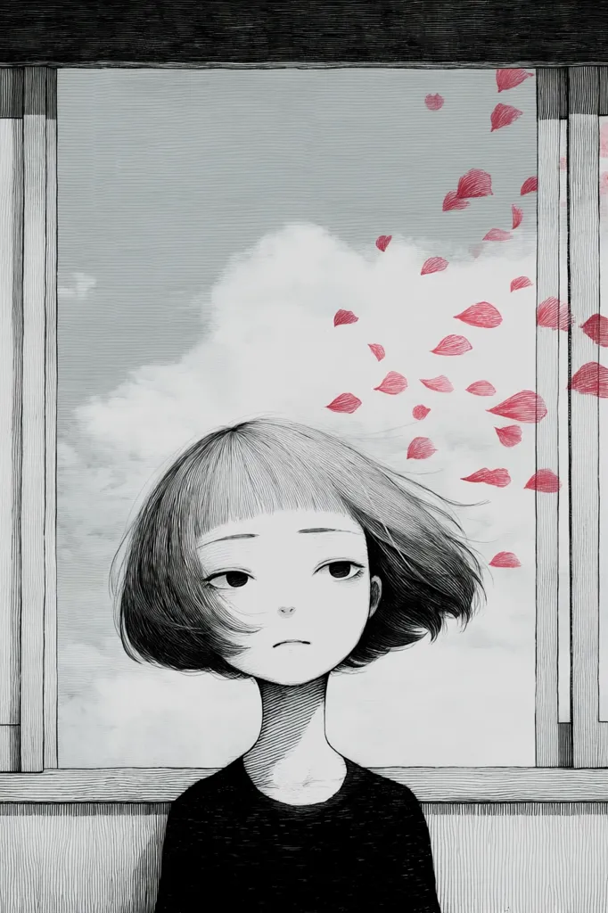 A grayscale illustration depicts a girl with short, slightly windblown hair, sitting by a window.  Her expression is somber.  Outside, red petals drift on a pale sky. The overall mood is melancholic and contemplative, suggesting a feeling of loss or quiet sadness. The detailed linework contrasts with the soft watercolor-like sky.
