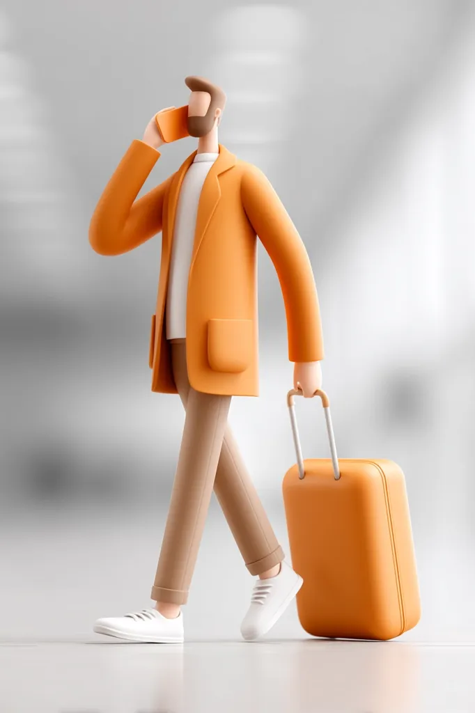 A stylized 3D illustration depicts a man in an orange coat and beige pants walking while talking on a cell phone. He pulls an orange suitcase behind him. The background is blurred, suggesting a travel or transit setting. The overall style is minimalist and cartoonish. The image evokes a sense of modern travel and communication.