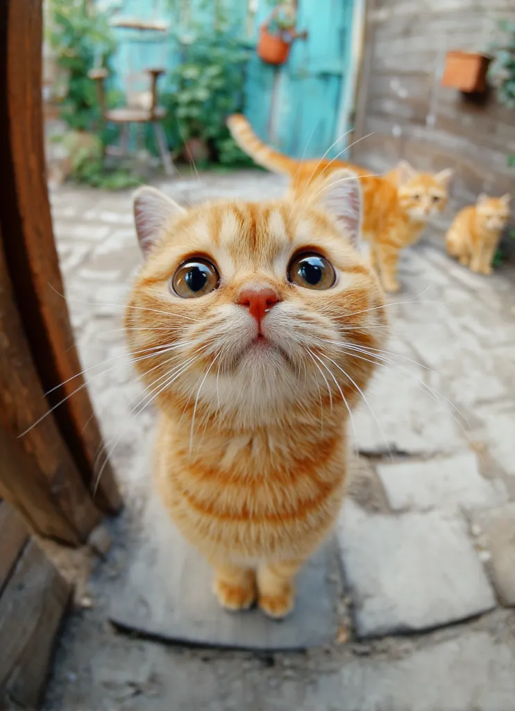 An adorable orange tabby kitten looks directly at the camera with wide, curious eyes.  Its fluffy fur is brightly colored, and its expression is endearing.  Two other orange cats are blurred in the background, suggesting a playful outdoor setting. The image is taken from a low angle, emphasizing the kitten's size and cuteness.  The overall feel is warm and charming.