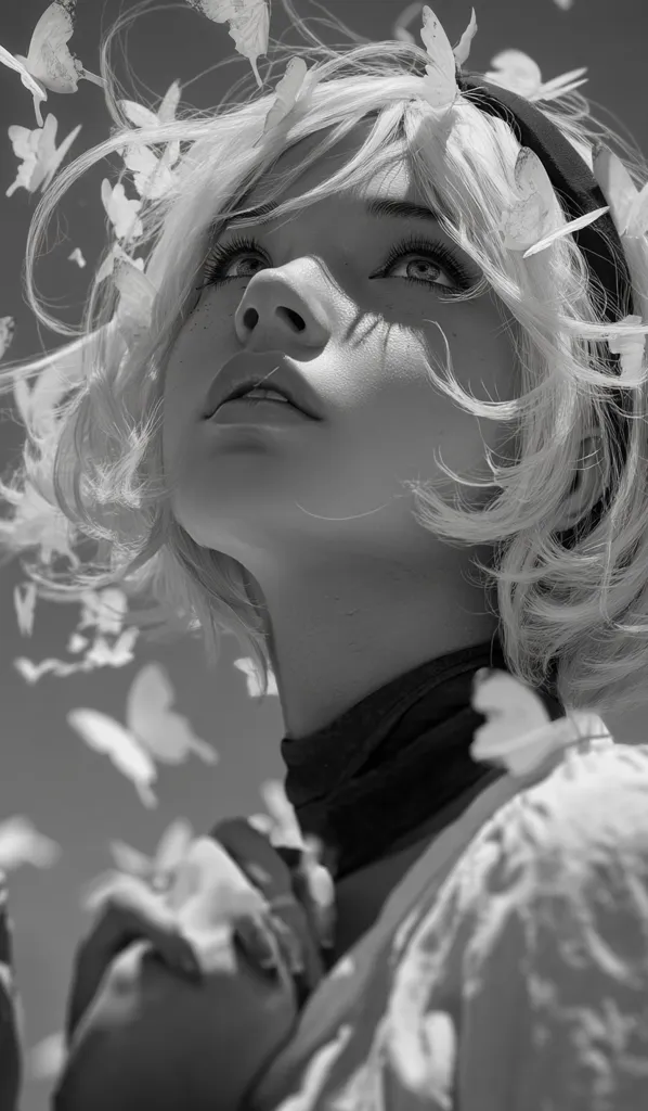 A grayscale image depicts a young woman with short, wavy hair adorned with numerous delicate butterflies. Her face is subtly illuminated, showcasing soft features and a serene expression.  Her hands are clasped together in front of her, and she wears a dark collar and light-colored garment. The background subtly suggests an outdoor setting, with additional butterflies floating around her. The overall mood is ethereal and peaceful.