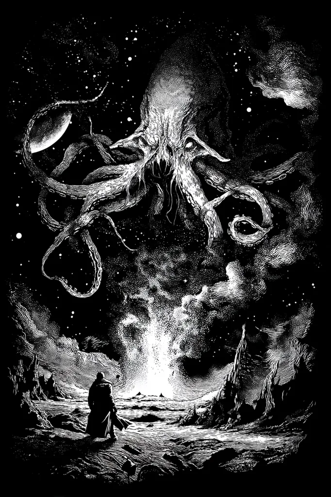 A black and white illustration depicts a cosmic horror scene.  A colossal, tentacled creature dominates the starry sky above an alien landscape. A lone figure in a long coat stands on a desolate shore, gazing towards a bright eruption in the distance. The style is reminiscent of classic horror illustrations, evoking a sense of dread and the insignificance of humanity against cosmic forces.  The detailed etching adds depth and texture to the otherworldly scene.