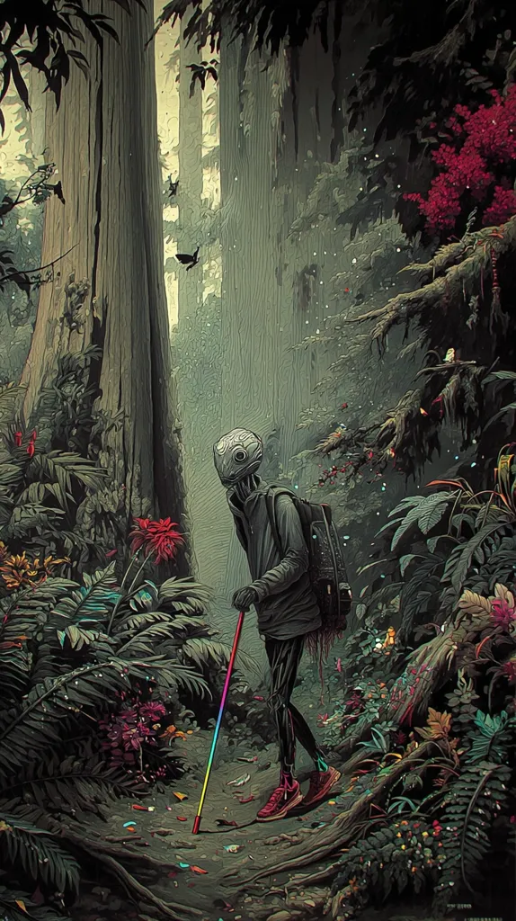A lone figure, seemingly robotic or android, with a helmet-like head and backpack, walks through a lush, otherworldly forest.  Tall trees tower overhead, casting shadows on a path strewn with colorful debris.  The vibrant, almost surreal flora contrasts with the muted greens and browns of the forest. The figure uses a rainbow-hued walking stick, adding to the mystical atmosphere of the scene.