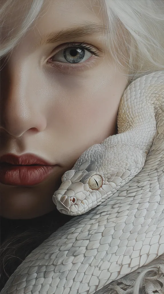 A hyperrealistic painting depicts a young woman with pale skin and long white hair.  Her face is partially obscured by a large, albino snake coiled around her neck and shoulder.  The woman's expression is serene, her gaze directed slightly away from the viewer. The detail in both the woman's skin and the snake's scales is incredibly lifelike, creating a striking and somewhat unsettling juxtaposition. The overall palette is muted, emphasizing the pale tones of the subject and reptile.