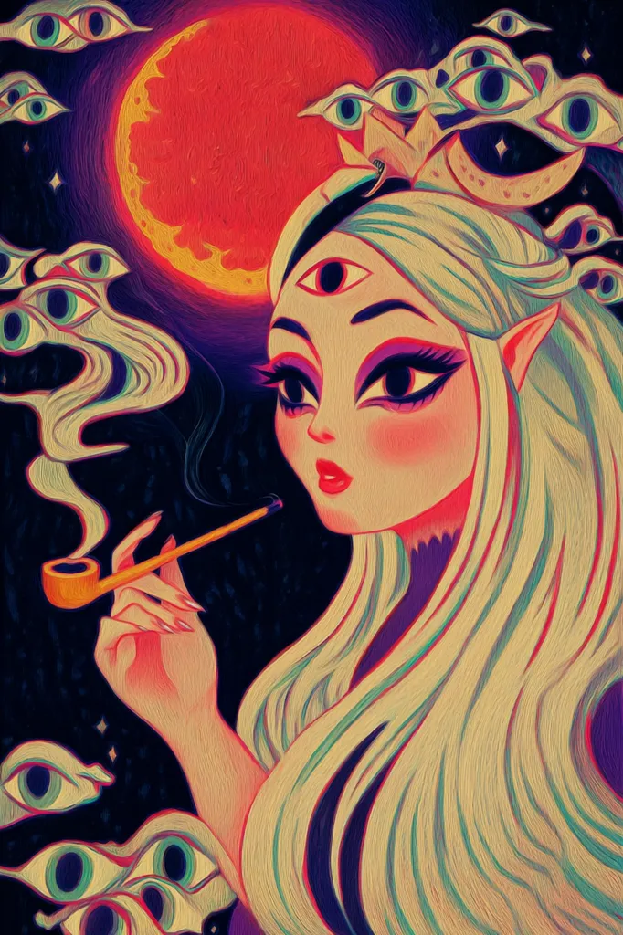 A stylized female figure with three eyes and long, flowing blonde hair is depicted against a backdrop of a large, red moon and numerous floating eyes.  She holds a smoking pipe, exhaling smoke that swirls around her. The artwork's style is reminiscent of psychedelic art, with vibrant colors and impasto-like brushstrokes creating a dreamlike atmosphere.  The overall effect is surreal and captivating.