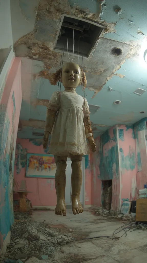 An antique doll, suspended from a dilapidated ceiling, hangs in a decaying room.  The doll, with a porcelain face and a worn white dress, has a somewhat unsettling expression.  The room's peeling paint and damaged ceiling reveal significant disrepair, adding to the overall eerie atmosphere.  The image suggests abandonment and a sense of forgotten history.