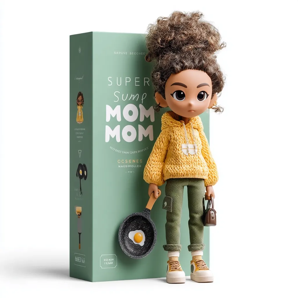 A charming 3D-rendered doll, styled as a young girl with curly brown hair, stands proudly beside its packaging.  The doll, dressed in a yellow knitted hoodie and olive green pants, holds a small frying pan with a fried egg. The box features a muted green design with the title "Super Sump Mom Mom," hinting at a playful and potentially kitchen-themed narrative.  The overall aesthetic is cute and whimsical.