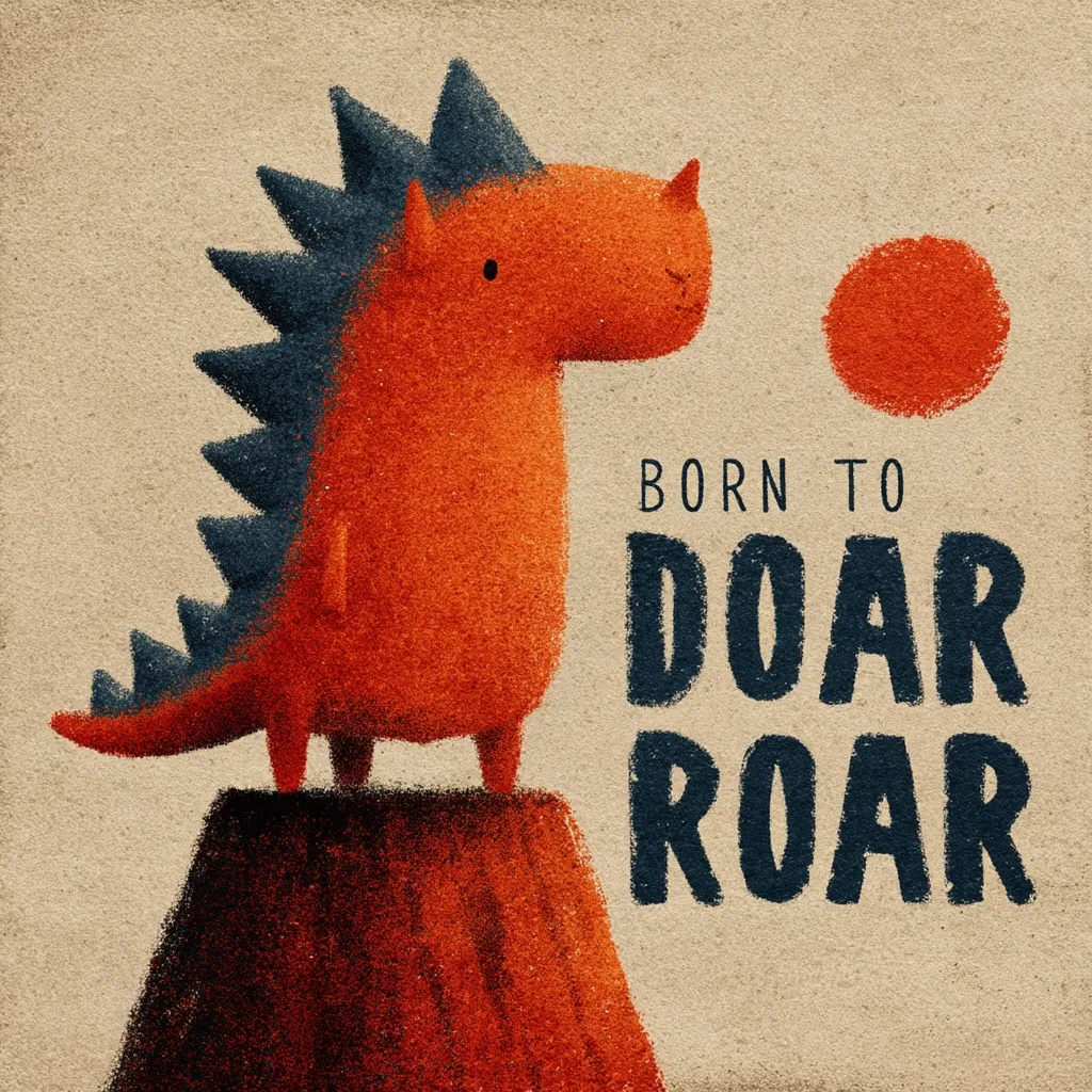 An illustration features a cute, orange dinosaur with dark gray spikes standing on a hill.  A red circle floats to the right.  Bold text proclaims "BORN TO DOAR ROAR," a playful take on "roar."  The style is textured, reminiscent of crayon or pastel, creating a childlike charm against a beige background.